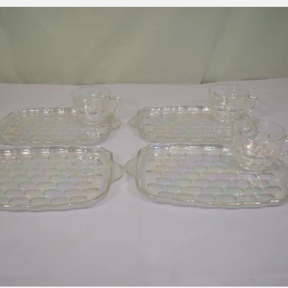 4 Piece Set Federal Glass Vintage 80s SNACK SERVING TRAYS CLEAR W BUBBLE DESIGN